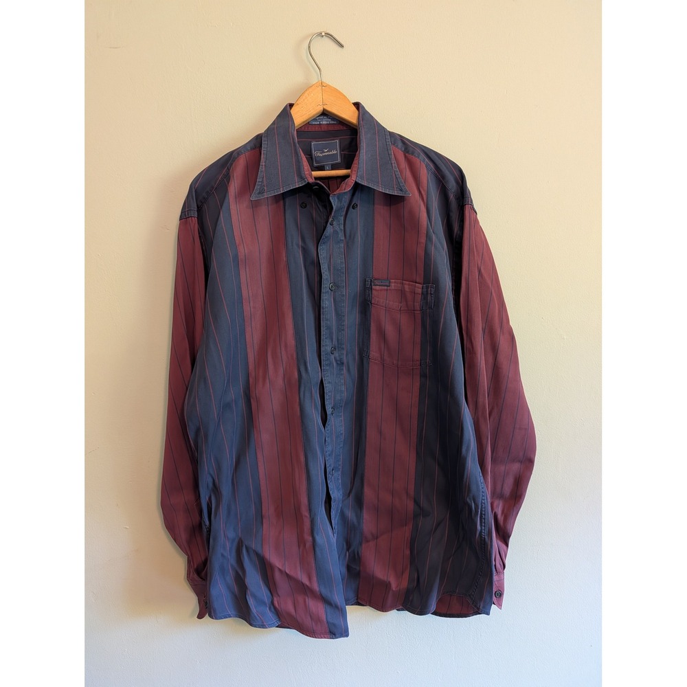 Faconnable Mens Large Striped Button Down Shirt Navy Burgundy Cotton France
